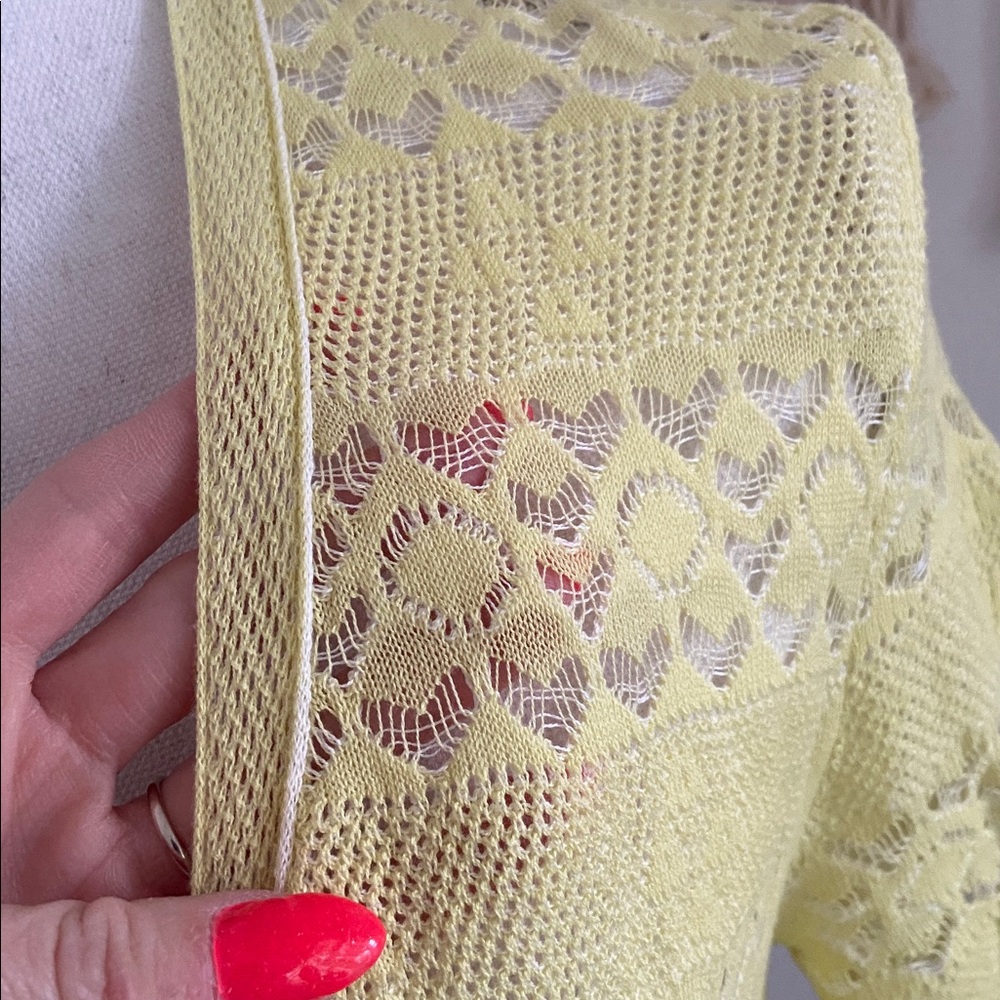 Anthropologie Knitted & Knotted yellow crochet tie front sweater shirt sleeve S - Picture 3 of 15